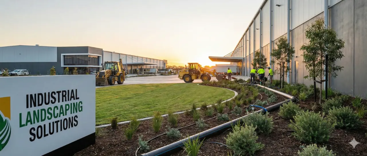 Industrial landscaping service maintaining green spaces, lawns, and shrubs around a large commercial or industrial property.