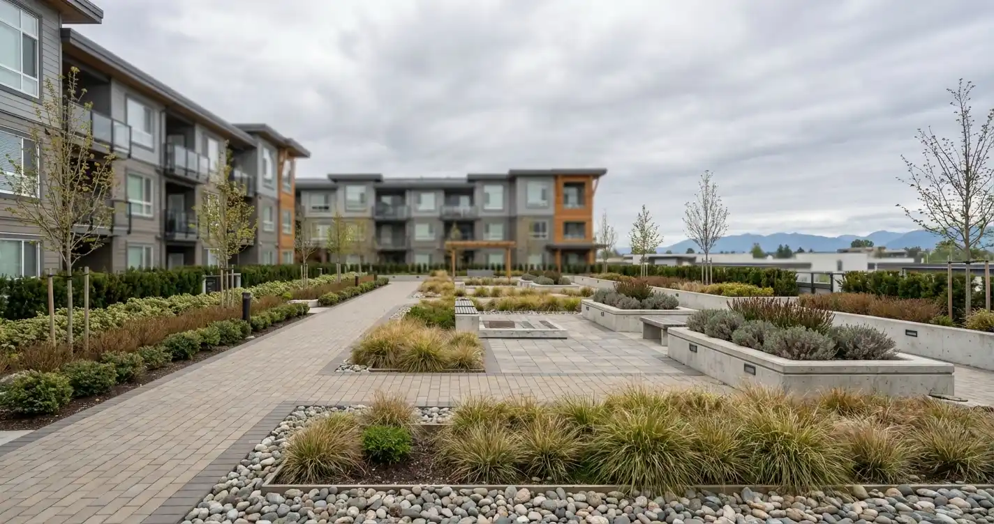 Modern strata courtyard landscaping with stone walkways, raised planters, and ornamental grasses at a Richmond BC apartment complex.