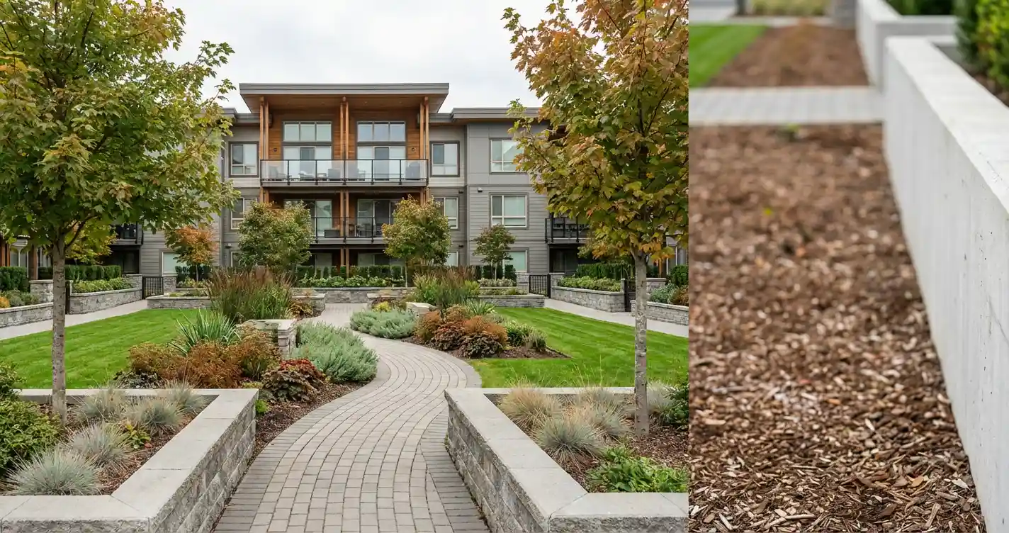 Stunning landscape design in a contemporary home garden with tiered plants, a stone walkway, and a well-kept lawn