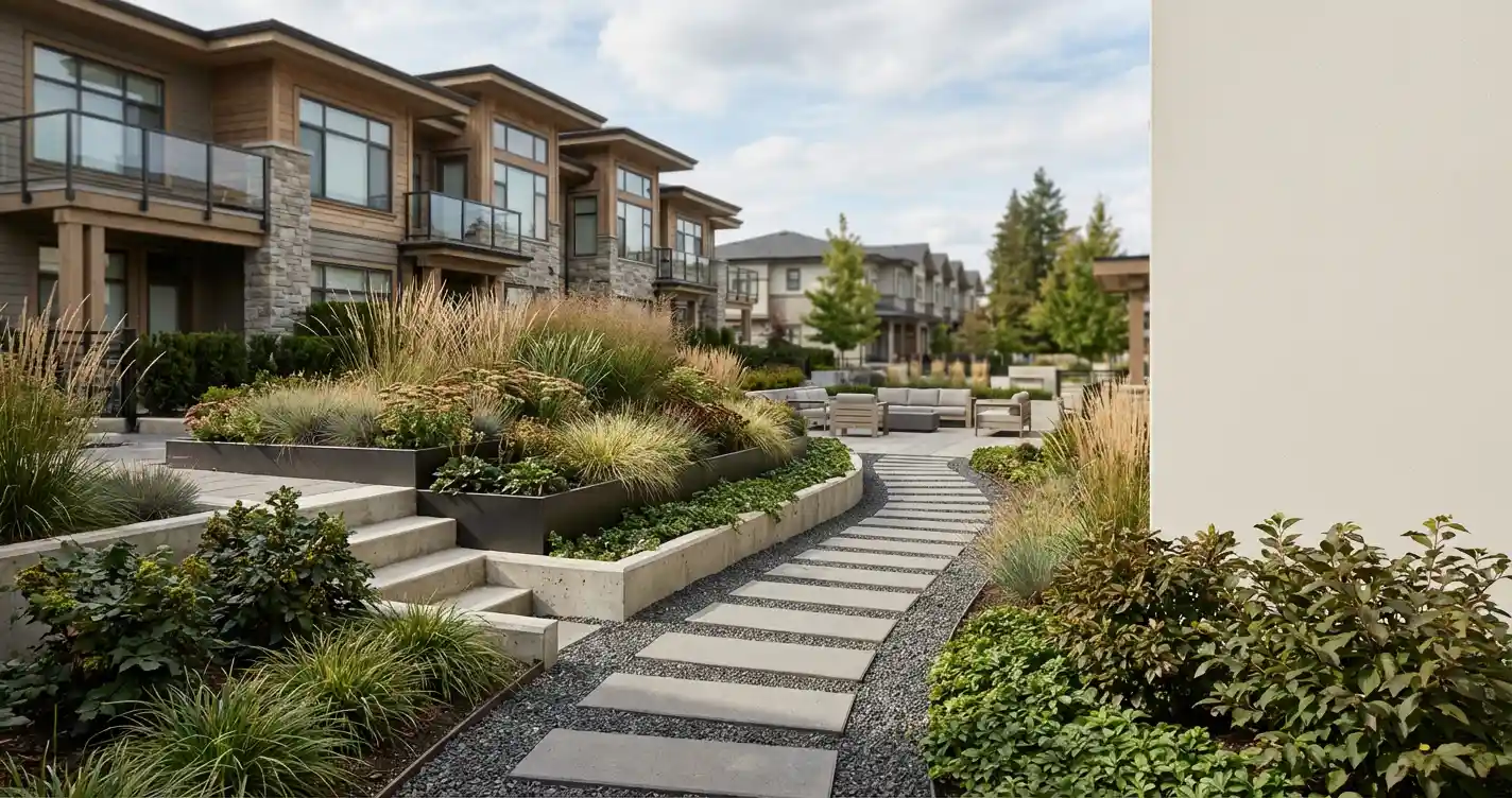 Beautiful landscape design with layered plants, stone pathway, and manicured lawn in a modern residential garden