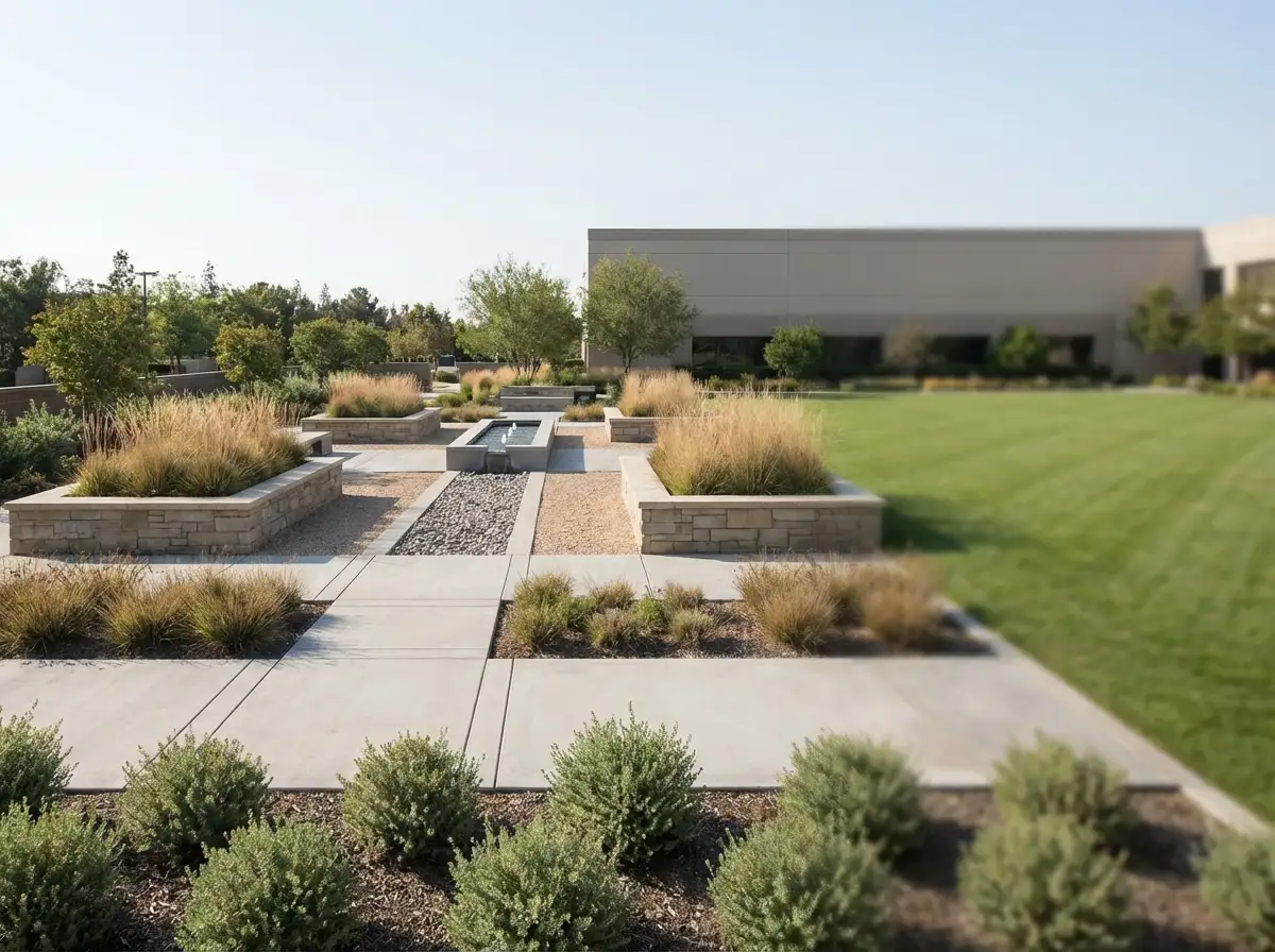 Beautiful landscape design for strata property, featuring manicured lawns, clipped hedges, and clean garden beds.