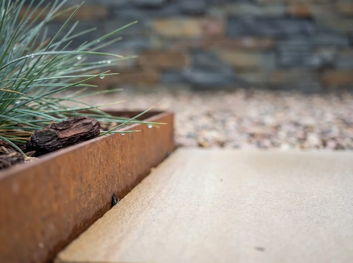 Modern landscape design with steel garden edging, ornamental plants, gravel ground cover, and smooth concrete paving