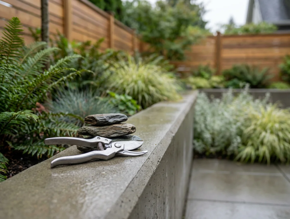 Gardening tools placed beside a flower bed in a well-maintained garden during routine yard maintenance