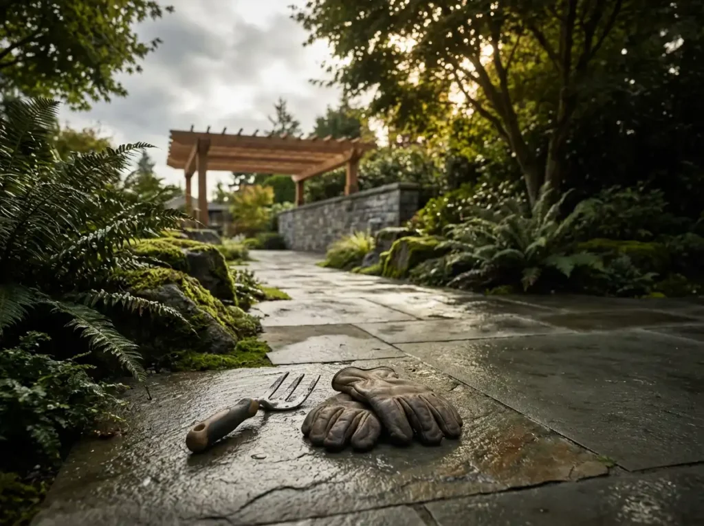 When performing basic yard care, gardening tools are positioned next to a flower bed in a well-kept garden.