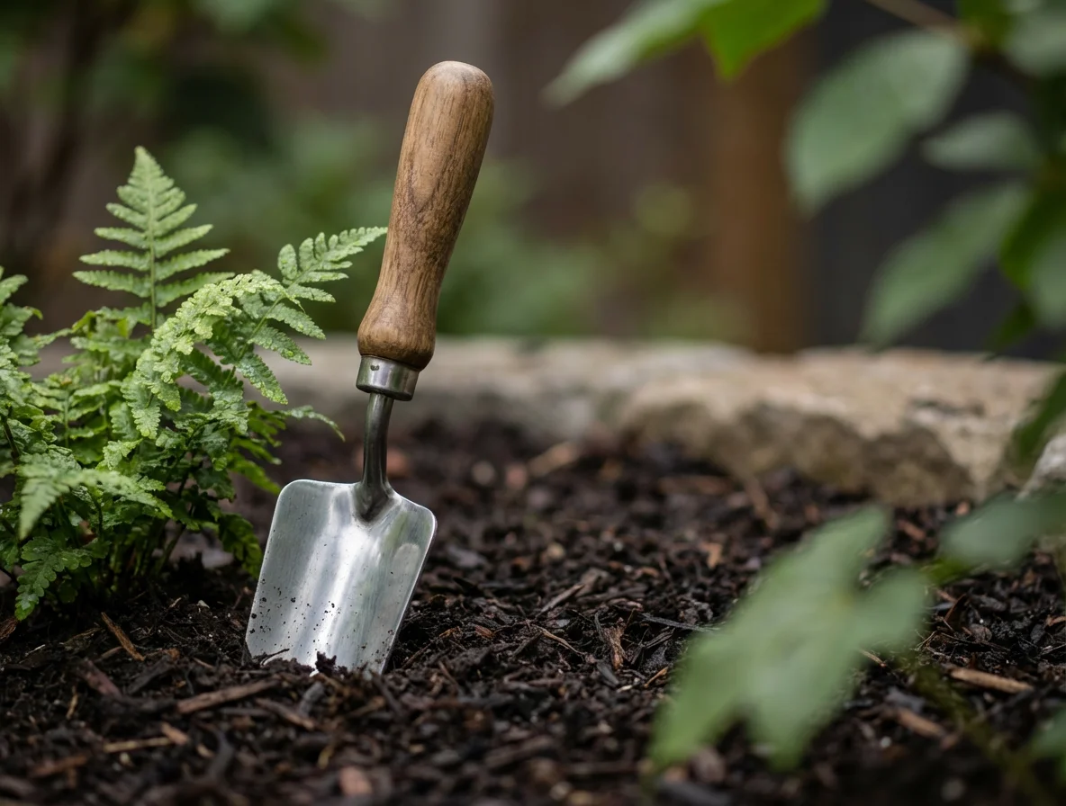 During regular yard care, gardening equipment are positioned next to a flower bed in a well-kept garden.