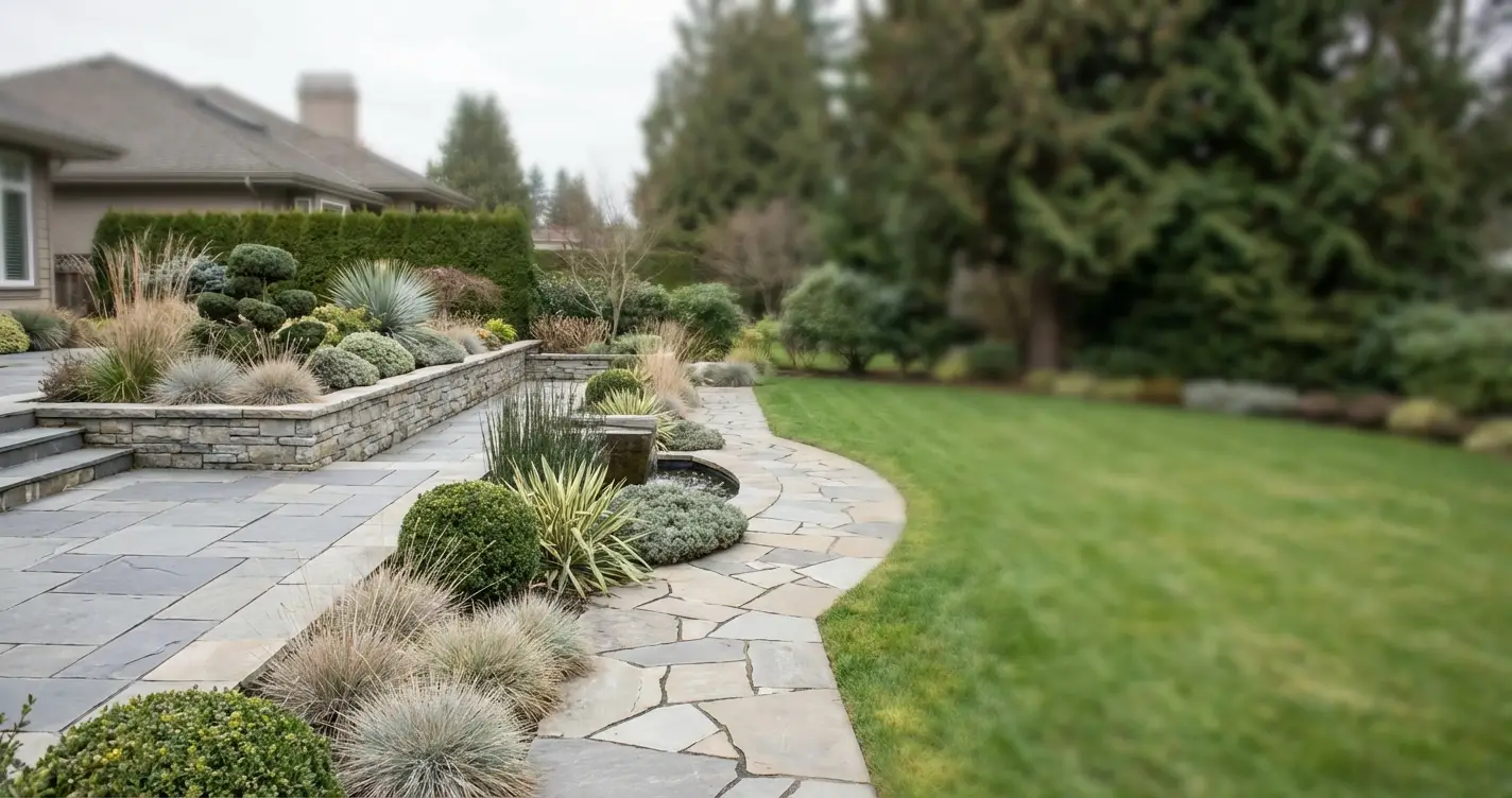 Newly landscaped backyard with trimmed lawn, fresh garden beds, and clean pathways after professional landscaping service