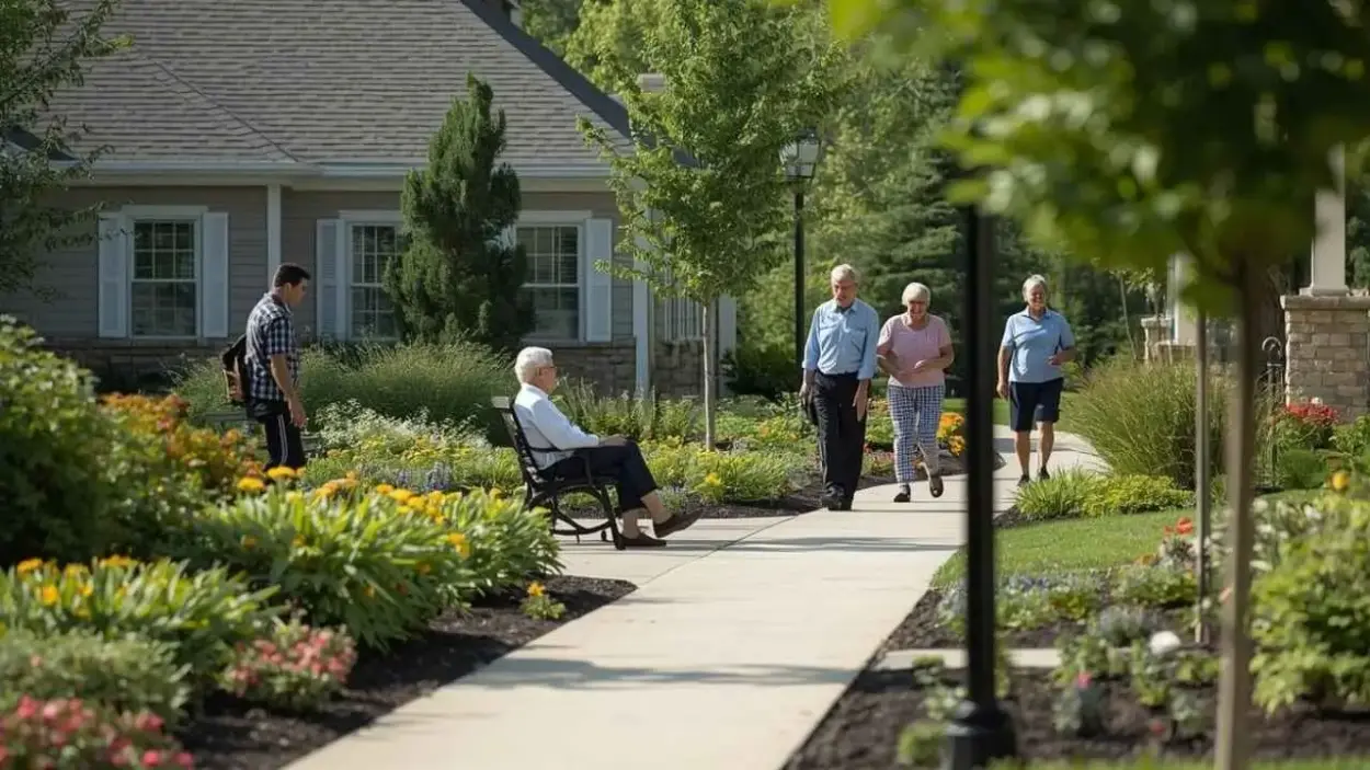 Maintaining accessible garden walks, lawns, and seating spaces in a senior living community is the responsibility of a retirement home landscaping business.