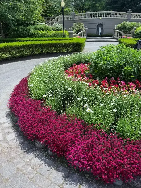 Stunning landscape design in a contemporary home garden with tiered plants, a stone walkway, and a well-kept lawn
