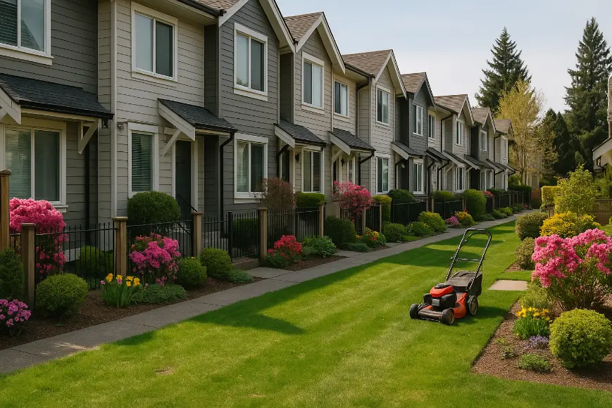 A well-maintained lawn in strata properties with lush green grass and neatly trimmed edges enhancing communal spaces.